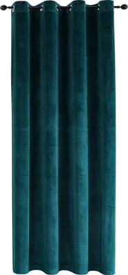A teal velvet curtain hanging from a rod.