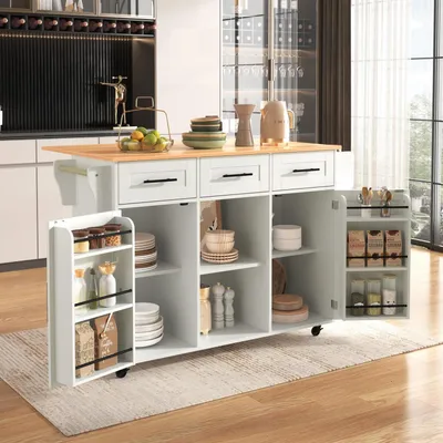 Obrázok produktu pre Voľne stojaci vozík do kuchyne s výklopnou pracovnou doskou, rozmer 139 x 46-71 x 91,5 cm, farba: biela/drevený vzhľad