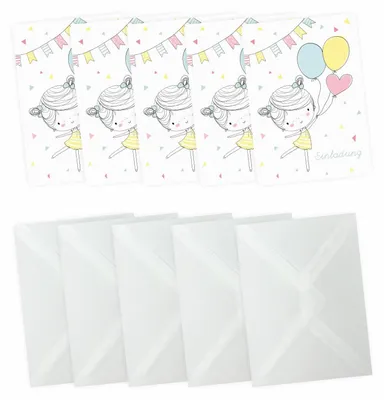 Produktbild von 10 Einladungskarten Mädchen mit Luftballons mit GLITZER inkl. 10 transparenten Briefumschlägen Kindergeburtstag Einladung