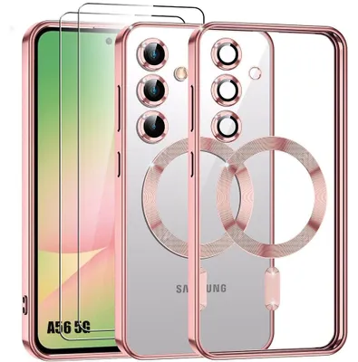 Image de Coque + 2 Verres Trempés pour Samsung Galaxy A56 5G, Protection Silicone avec Cercle Magnétique et Film Caméra - Rose