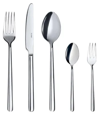 A set of cutlery arranged on a white background.