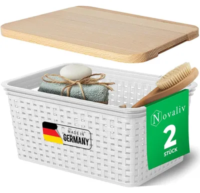 Produktbild von Novaliv 2er Set Eleganter Aufbewahrungskorb mit Holzdeckel in Rattan-Optik | Weiß Lebensmittelecht Kunststoff 5L – Perfekt für Bad & Kleidungsaufbewahrung. Aufbewahrungsbox Badezimmer Körbchen.
