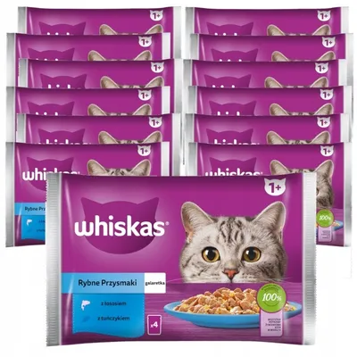 Produktbild von WHISKAS Mahlzeit für Katzen Nassfutter in Gelee Fisch-Auswahl mit Lachs und Thunfisch, 52 Portionsbeutel, 13x4x85g