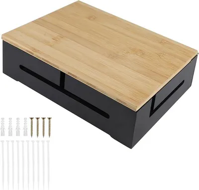 Produktbild von PolkaHome® Kabelmanagementbox aus Holz – Kabelbox mit magnetischem Bambusdeckel, Kabelorganisation für Steckdosenleisten, Wandmontage