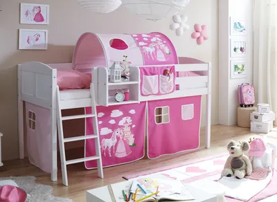 Produktbild von Hochbett "Eric" Country Kiefer Weiß Motiv (Horse (Pink))