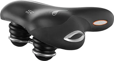 A black bicycle saddle with silver accents and orange details, shown from a side angle against a white background.