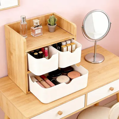 Produktbild von Holzaufbewahrungsbox, 3 Schubladen, 3 Ablagen, 14 x 20 x 19 cm, für Büro