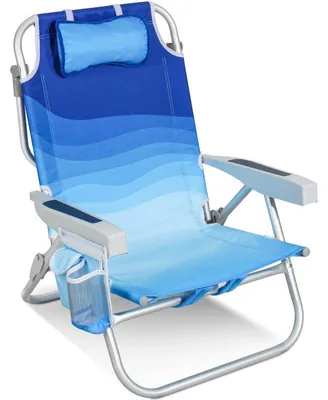 Produktbild von Strandstuhl klappbar  – Aluminium Campingstuhl mit Kühlfach, 5-fach verstellbarer Rückenlehne & Kopfkissen, bis 136 kg belastbar
