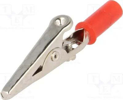 Zdjęcie produktu dla 5 sztuk zacisków krokodylkowych. Zakres zacisku: maksymalnie 14 mm. Rozmiar wtyku: 4 mm. Zaciski krokodylkowe 4 mm, kolor czerwony