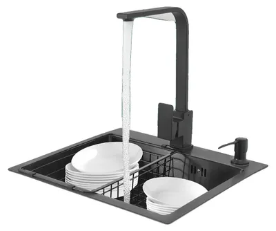 Imagen del producto de Fregadero de cocina, 45 x 40 cm, acero inoxidable 201, doble seno, dos grifos, forma rectangular