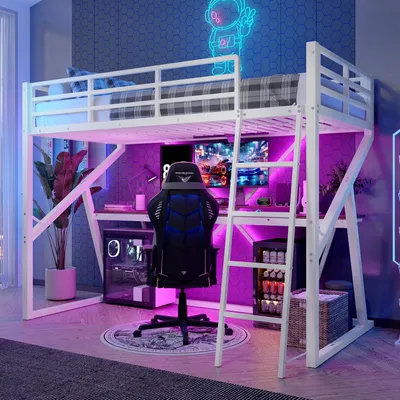 Zdjęcie produktu dla Łóżko loftowe Sweiko, 90 x 200 cm, żelazna rama, taśma LED, poręcz, schody, biurko, bez materaca, białe