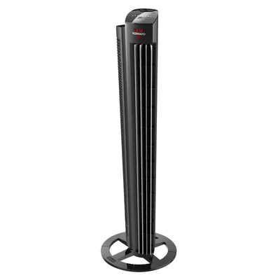 A black tower fan is shown against a white background.