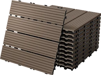 Obrázok produktu pre ECD Germany WPC terasové dlaždice, 30x30 cm, 55-dielna ekonomická sada na 5m², tmavohnedá farba vo vzhľade dreva, na záhradné balkónové podlahy s drenážou a systémom click
