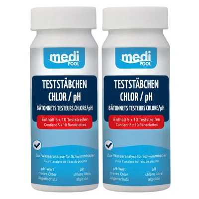 Produktbild von 2 Dosen 502010803MP mediPOOL Teststreifen für Chlor / pH Wert / Algenschutz 100 Teststäbchen