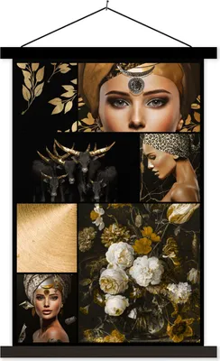 Produktbild von MuchoWow® Textilposter Schwarz - Gold - Frauen - Glitter 40x60 cm mit schwarzem Rahmen - Wanddekorationen