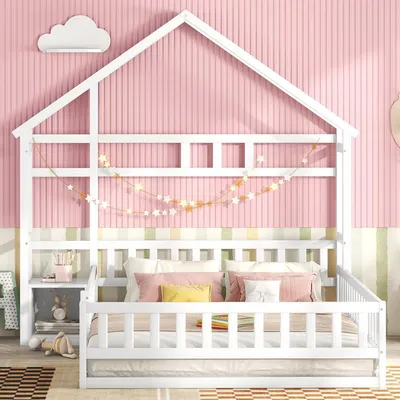 Produktbild von 140 x 200cm Kinderbetten, Flachbetten, Hausbetten mit Geländer, Kinderbetten mit Nachttischen, Weiß