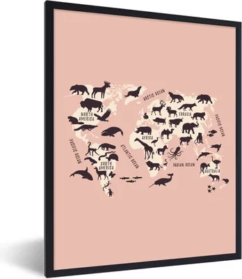 Produktbild von MuchoWow® Gerahmtes Poster Weltkarte - Tiere - Rosa 60x80 cm - Poster mit Schwarzem Bilderrahmen Wandposter Rahmen Foto Bilder - Premium - Wanddeko Wohnzimmer