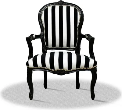A black and white striped armchair is shown against a white background.