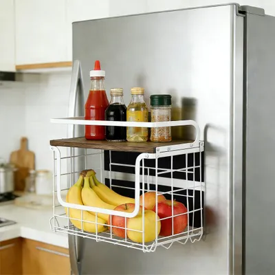 Produktbild von Hängekorb Küche mit Holz Deckel,Stapelbar Obstkorb Hängend Drahtkorb für Arbeitsplatte oder Wandmontage,Wand Aufbewahrungskörbe für Gemüse, Obst, Brot