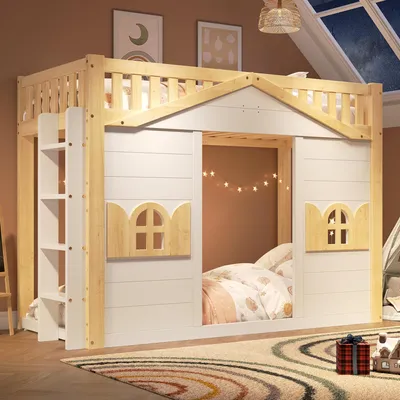 Immagine prodotto di Letto a castello Merax, dimensioni 90x200 cm, con finestra e struttura in legno, lettino per bambini con area giochi, letto a castello con scaletta intercambiabile e rete a doghe, colore bianco