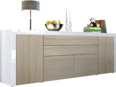 Produktbild von Vladon Sideboard La Paz V2,  Germany, Kommode mit 2 Türen, 2 Schubkästen und 2 Klappen, Weiß Hochglanz/Eiche sägerau/Weiß Hochglanz (200 x 72 x 35 cm)