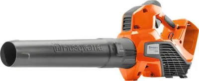 A studio shot of an orange and gray leaf blower against a white background.