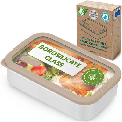 Edelstahl-Lunchbox 700 ml mit Glasdeckel, stapelbar, mikrowellengeeignet