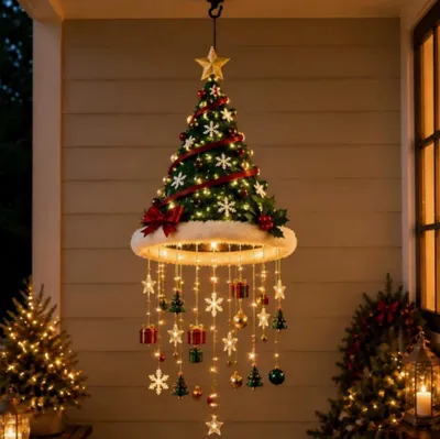Image de Luminaires suspendus décorés, forme de bonnet de Père Noël avec un pendentif en forme d'étoile, éclairage de Noël