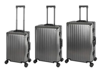 Produktbild von TRAVELHOUSE Tokyo 3 tlg. Aluminium Reisekoffer Set: Handgepäck & Check-in. 4 Silent-Rollen 2 TSA Zahlenschlösser 3fach arretierbarer Ausziehgriff