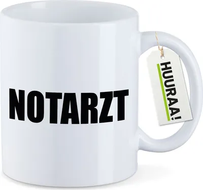 Produktbild von Huuraa Kaffeetasse Notarzt Schriftzug 330ml Weiß Keramik Kaffeebecher Geschenkidee