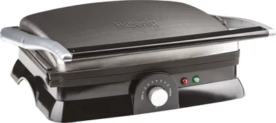 A black and silver H.Koenig contact grill is shown from a slightly elevated front-left angle against a white background.