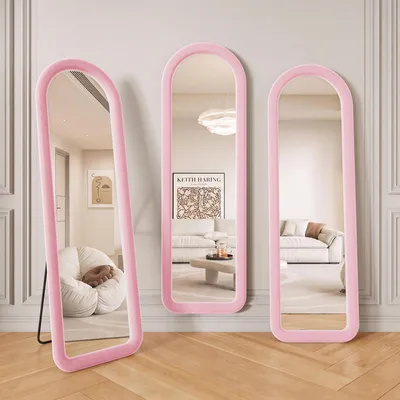 Productafbeelding van Moonbite Volledige spiegel, boogvormig, 160x50 cm, roze. Vrijstaande spiegel, wandspiegel, volledige lengte, in Franse stijl, decoratieve spiegel, geschikt voor hal of slaapkamer