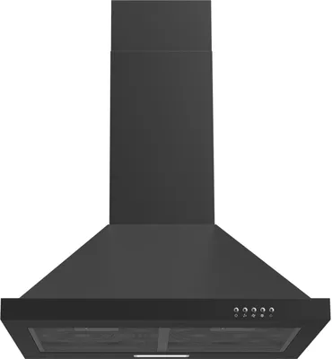 A black range hood is shown against a white background.