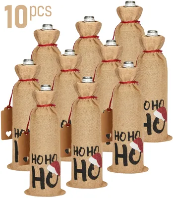 Produktbild von BRUBAKER 10er Set Weinbeutel für Weihnachten - HOHOHO mit Weihnachtsmütze - 36 cm x 17 cm Weinsack für Wein, Sekt, Champagner Jutesack , 10 Stück