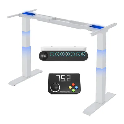 A white adjustable standing desk frame with two control panels shown separately.