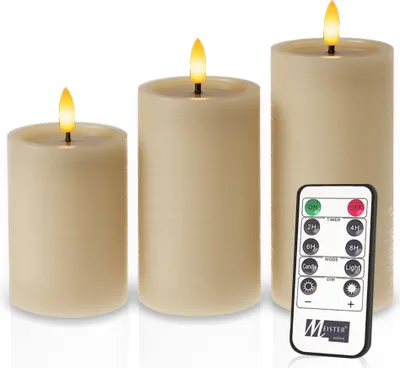 Produktbild von Meisterhome® LED Stumpenkerzen 3er-Set - LED Kerzen – Flammenlose Kerzen Rustik - Beige – Warmweißes flackerndes Licht – Mit Fernbedienung & Timer
