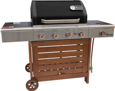 A gas grill with a wooden cart, shown against a white background.