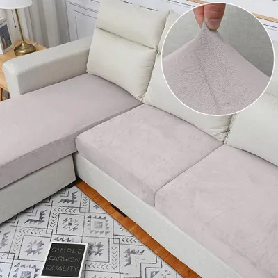 Produktbild von Sofa Sitzkissenbezug, Stretch Samt Sofabezug, Elastische Sofahusse Sofa Abdeckung, Sofa Sitzkissen Schonbezug (für 3 Sitzer, Hellgrau)