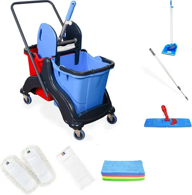 Produktbild von Hypafol Putzwagen Reinigungswagen Set Inklusive 2 x 25 l Eimer mit Wischmopp-Presse und Kehrgarnitur, 2x 40cm Baumwoll Wischmopp, 1x Mikrofaser-Mopp + je 3 Mikrofasertücher in rot, gelb, grün, blau