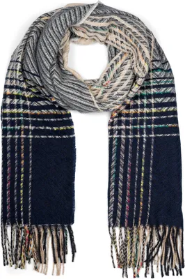 Produktbild von styleBREAKER Damen Feinstrick Schal mit bunt gestreiftem Zick-Zack Muster und Fransen, warme Winter Stola mehrfarbig 01017149