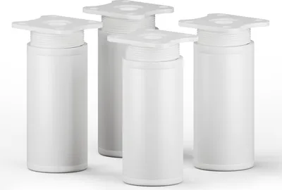 Four white, cylindrical furniture legs with square mounting plates are arranged in a group against a white background.