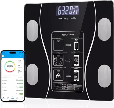 Produktbild von Personenwaage Digital, Körperfettwaage, Waage mit APP, Bluetooth Waage für Körperfett, mit BMI-Messung und automatischer Kalibrierung, LCD Display