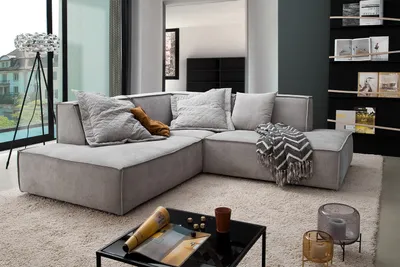 Produktbild von KAWOLA Sofa SAMU Ecksofa Stoff silber Recamiere links