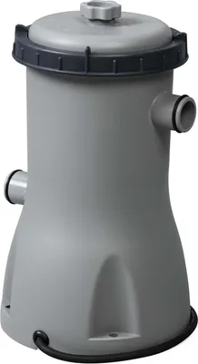 A gray swimming pool filter pump is shown against a white background.