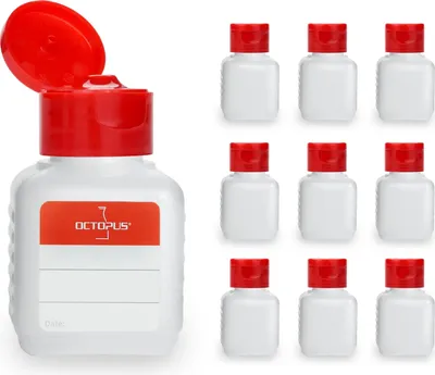 Obrázek produktu pro 10 plastových lahví 50 ml čtvercových z HDPE, přírodní, G25, odklápěcí uzávěr z PP červený