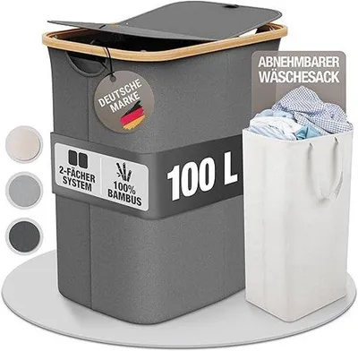 Produktbild von Famanu Wäschekorb 100 Liter mit Deckel - Dunkelgrau Anthrazit Schwarz