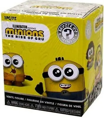 A yellow box for "Minions The Rise Of Gru" Funko Mystery Minis vinyl figures.