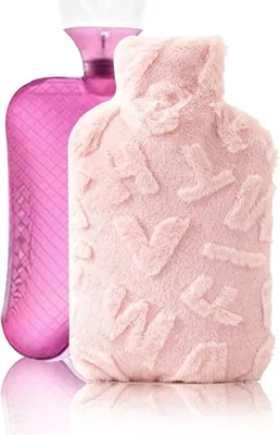 Imagen del producto de Bolsa de agua caliente con funda de felpa rosa, de 1 litro, desmontable y lavable, ideal para el invierno