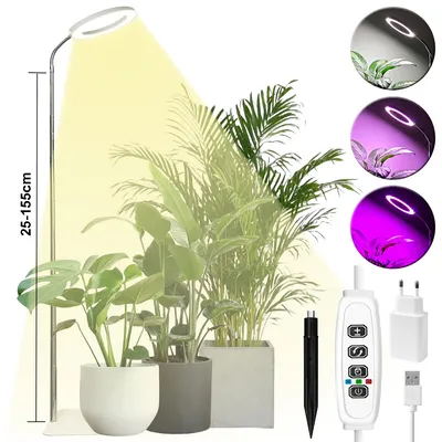 Zdjęcie produktu dla Lampa LED do roślin o pełnym spektrum z regulacją wysokości 155 cm, ściemnialna podstawa lampy LED do uprawy, lampa do uprawy z 3 trybami czasowymi, szklarnia do roślin domowych (biała, adapter)