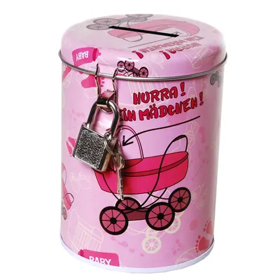 Produktbild von 1 SPARDOSE MIT SCHLOSS & SCHLÜSSEL " Hurra ! Ein Mädchen " Geburt Baby Party